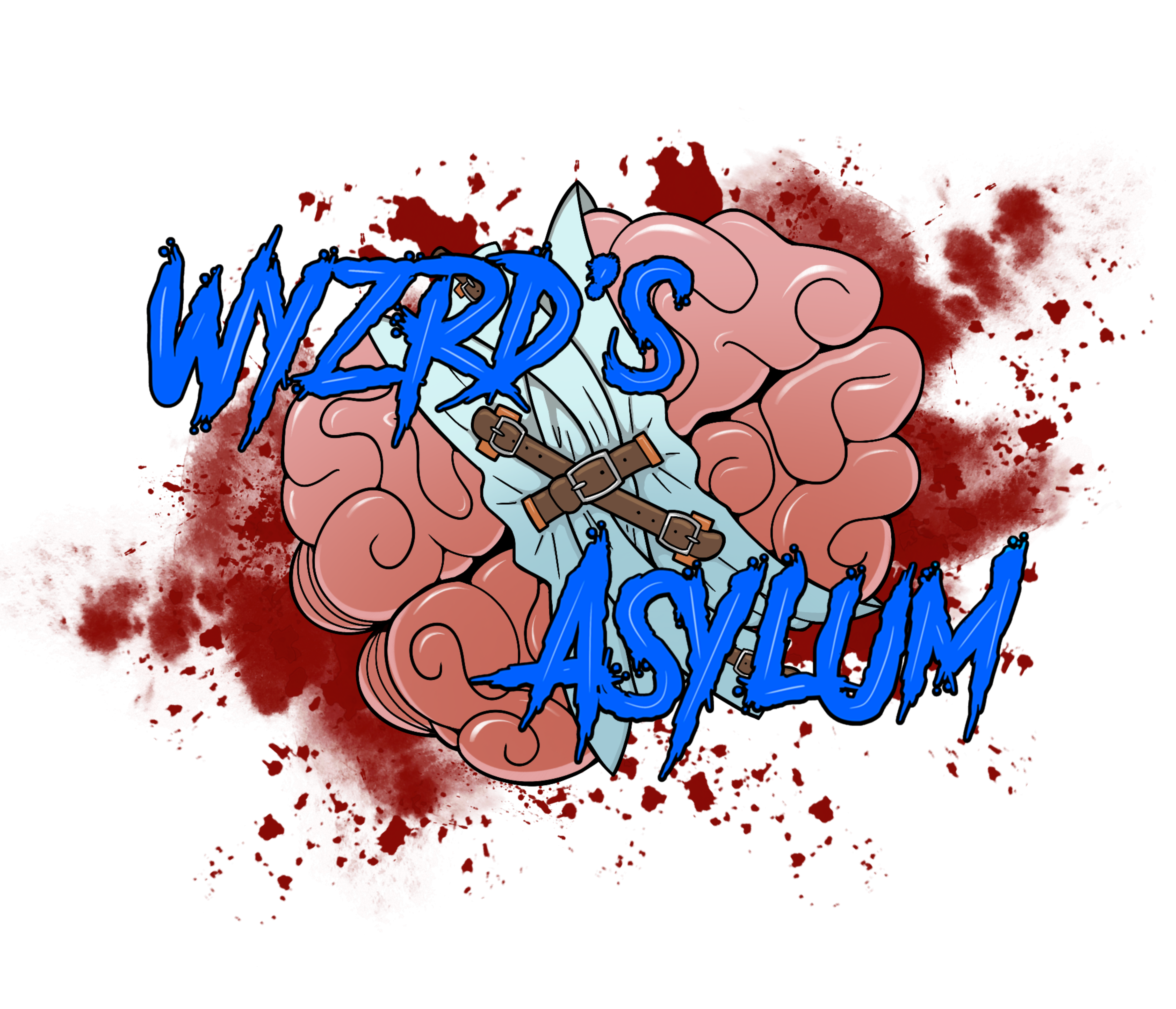 wyzrds asylum logo brain with words written over it in blue